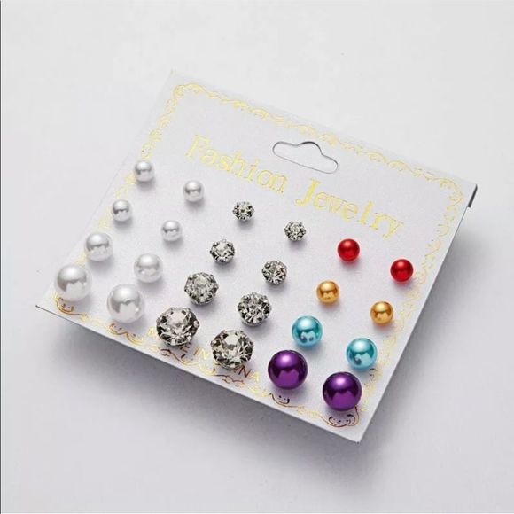 Jewelry - 12 Pairs Of Zirconia Crystal Pearl Earrings Set